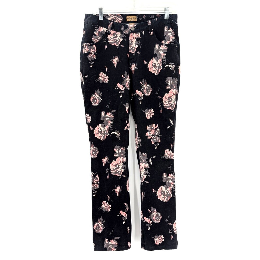 Midnight Velvet Black Pink Floral Midrise Straight Leg Jeans Size 10 31/30